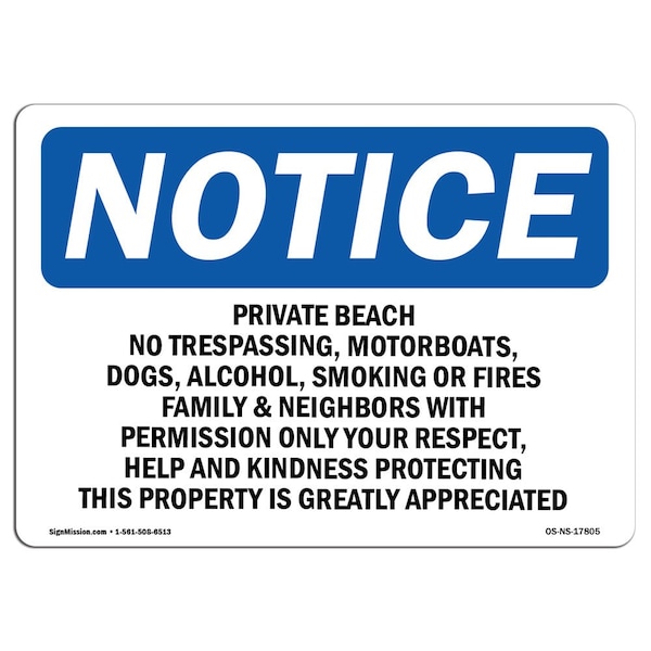 OSHA Sign, 18" H, 24" W, Rigid Plastic, Private Beach No Trespassing Motorboats Sign, Landscape